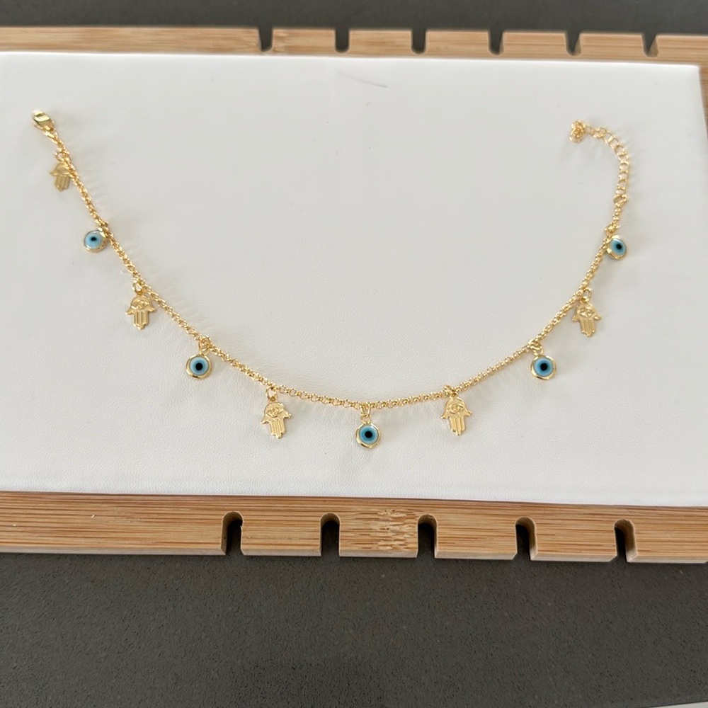Gold and Blue Evil Eye/ hand Charm Anklet Bracelet - Picture 2 of 4